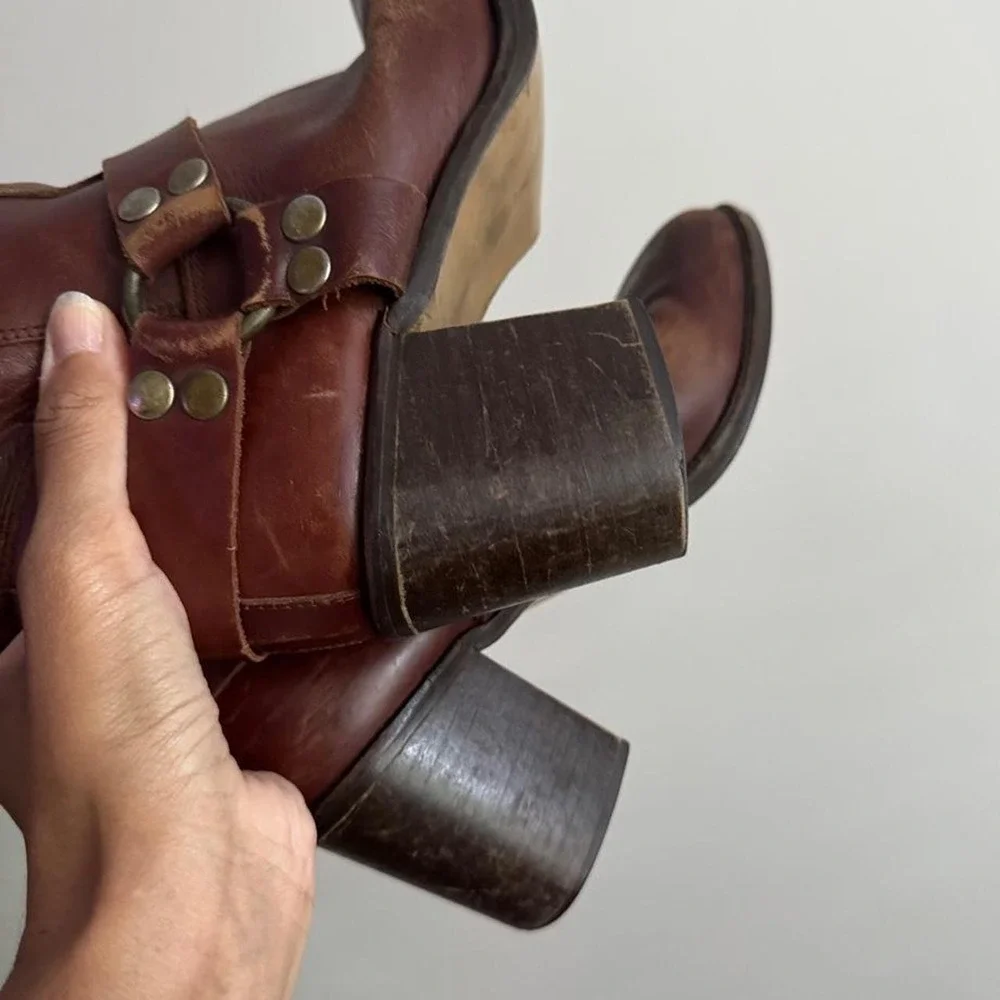 Vintage 90s / Y2K Brown Harness Leather Campus Boot Stacked Heel